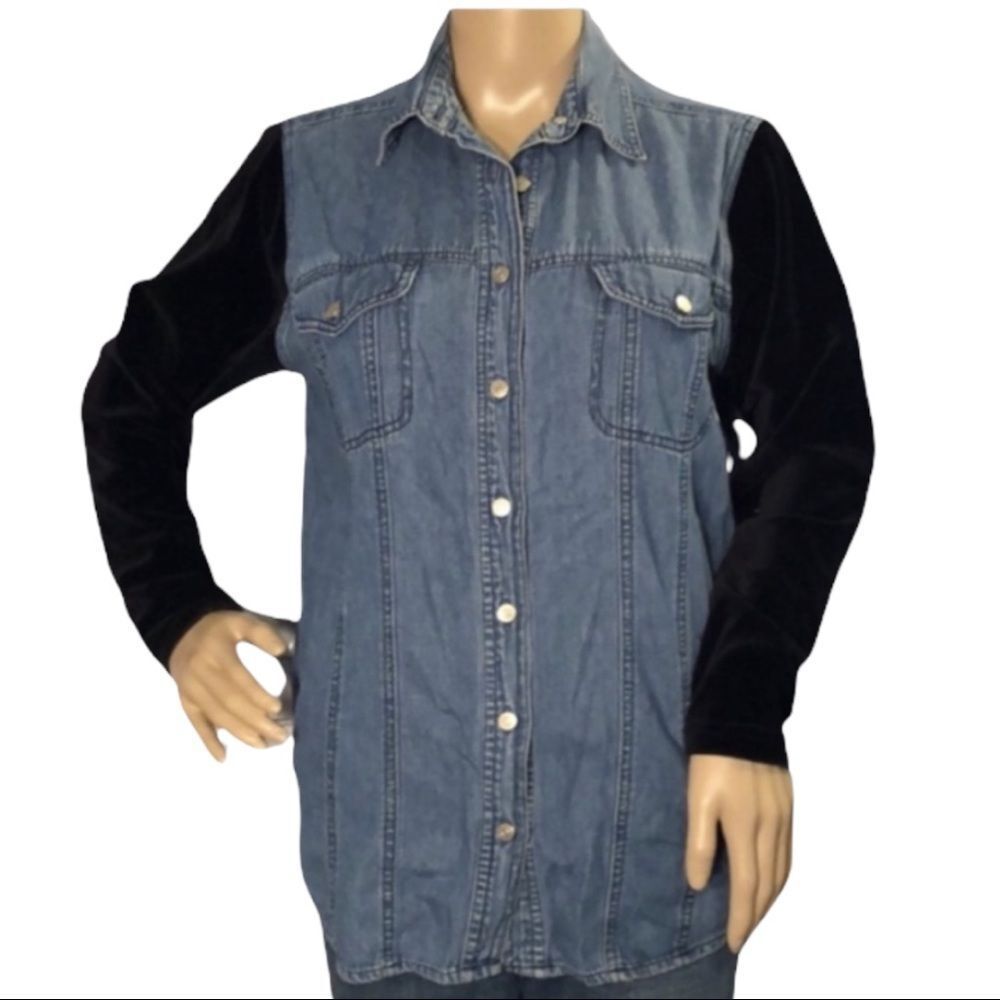 Solutions Denim Button Up Shirt w/ Velvet …